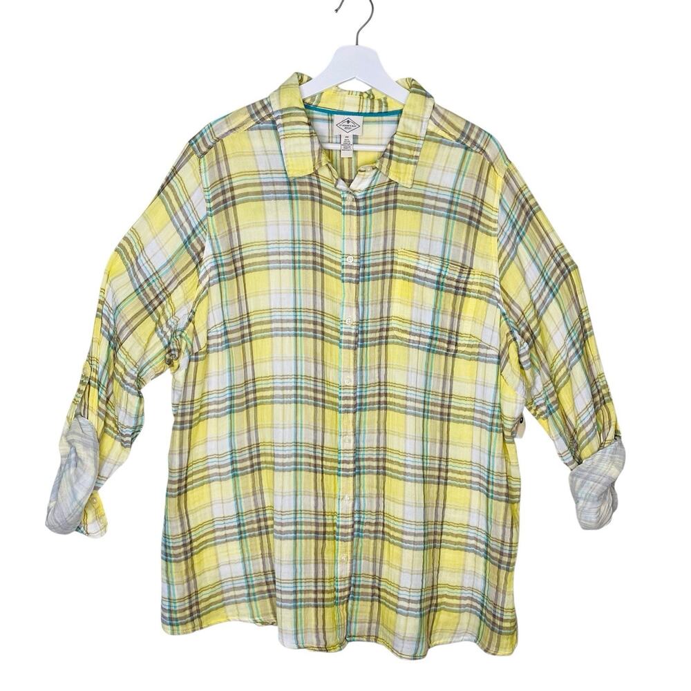St Johns Bay Shirt Women 2X Yellow Plaid Tab Sleeve Seer Sucker Lined Breathable